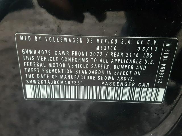 3VW2K7AJ8CM467331 - 2012 VOLKSWAGEN JETTA BASE BLACK photo 10