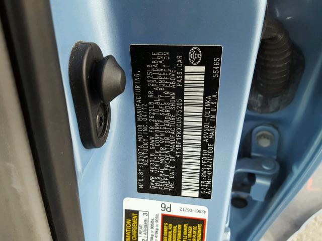 4T1BF1FKXCU575205 - 2012 TOYOTA CAMRY BASE BLUE photo 10