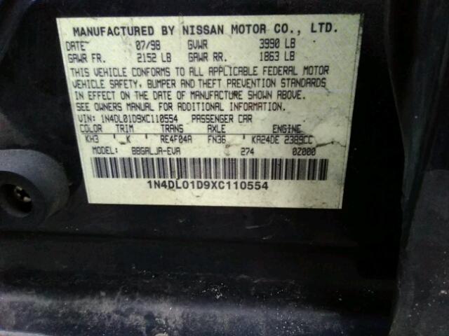 1N4DL01D9XC110554 - 1999 NISSAN ALTIMA XE BLACK photo 10