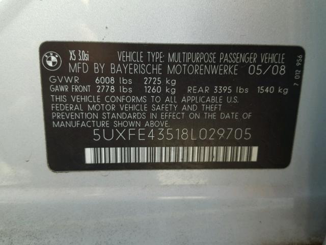 5UXFE43518L029705 - 2008 BMW X5 3.0I SILVER photo 10