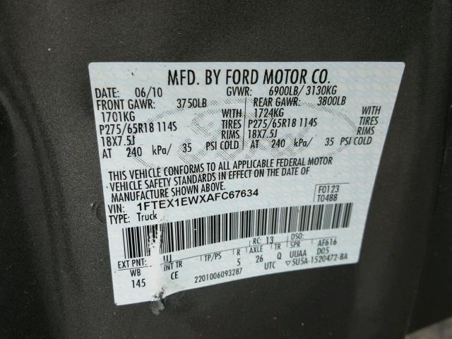 1FTEX1EWXAFC67634 - 2010 FORD F150 SUPER GRAY photo 10