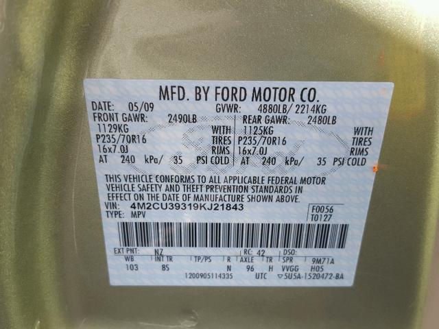 4M2CU39319KJ21843 - 2009 MERCURY MARINER HY GREEN photo 10