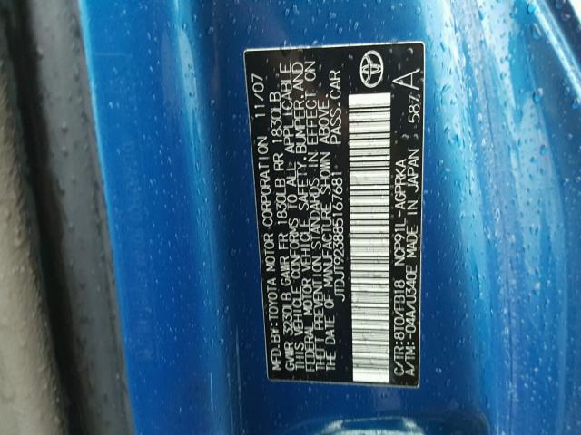 JTDJT923885167681 - 2008 TOYOTA YARIS BLUE photo 10