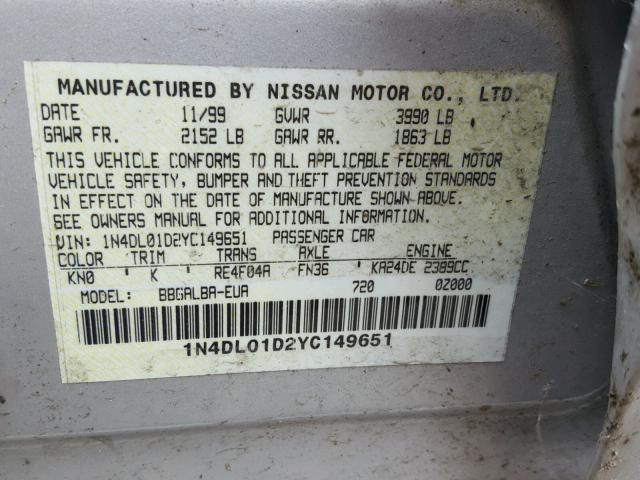 1N4DL01D2YC149651 - 2000 NISSAN ALTIMA XE SILVER photo 10