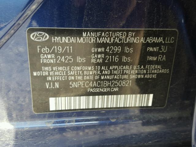 5NPEC4AC1BH250821 - 2011 HYUNDAI SONATA SE BLUE photo 10