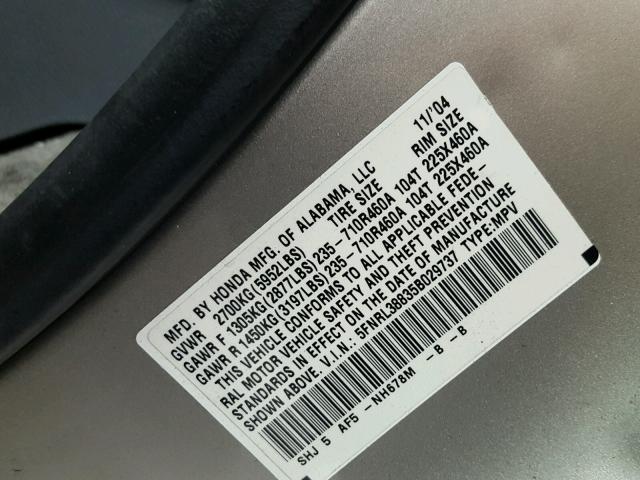 5FNRL38835B029737 - 2005 HONDA ODYSSEY TO SILVER photo 10