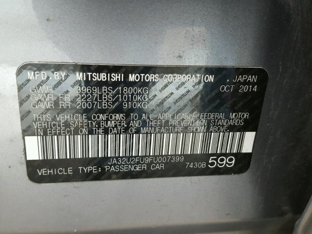 JA32U2FU9FU007399 - 2015 MITSUBISHI LANCER ES SILVER photo 10