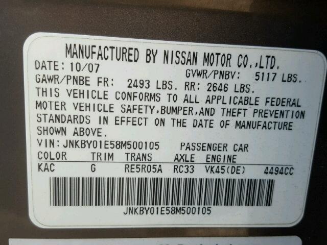 JNKBY01E58M500105 - 2008 INFINITI M45 BASE BROWN photo 10