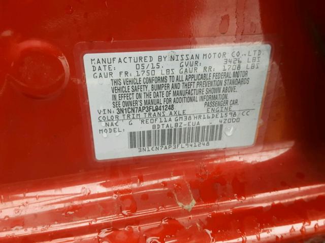 3N1CN7AP3FL941248 - 2015 NISSAN VERSA S RED photo 10