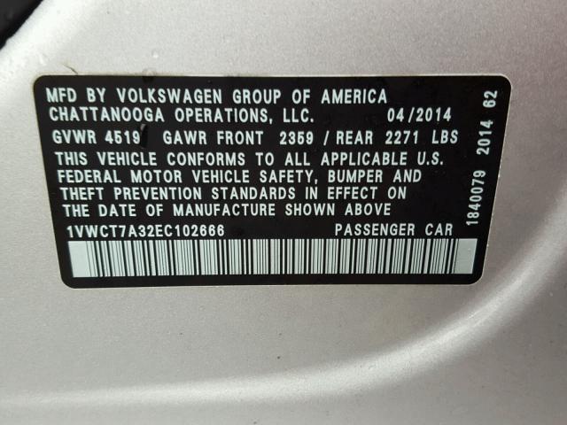 1VWCT7A32EC102666 - 2014 VOLKSWAGEN PASSAT SEL SILVER photo 10