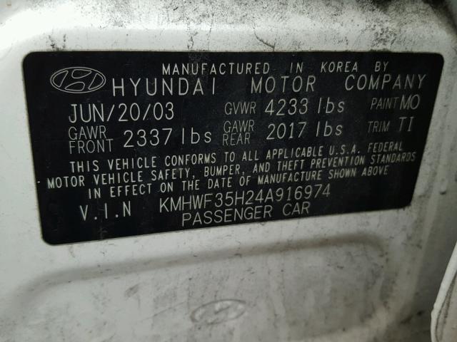 KMHWF35H24A916974 - 2004 HYUNDAI SONATA GLS WHITE photo 10