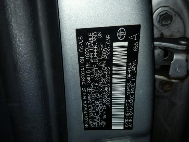 JTDBT923581287322 - 2008 TOYOTA YARIS SILVER photo 10