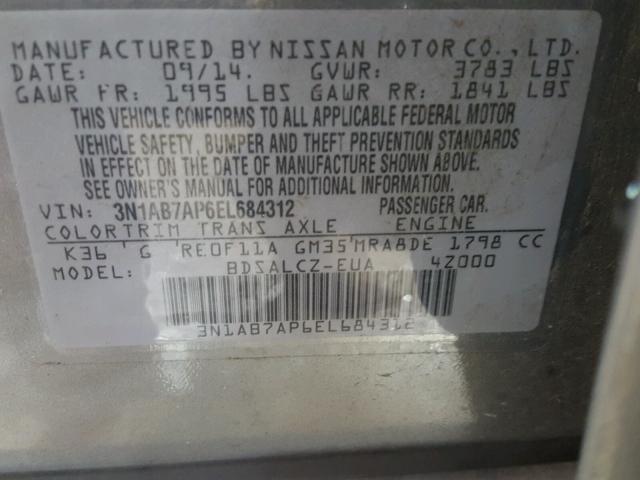 3N1AB7AP6EL684312 - 2014 NISSAN SENTRA S GRAY photo 10