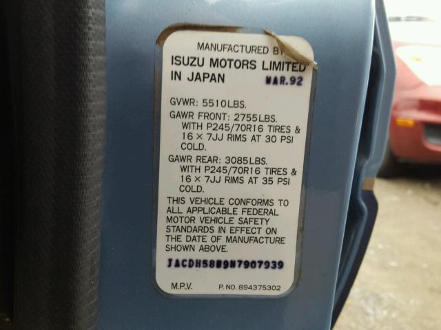 JACDH58W9N7907939 - 1992 ISUZU TROOPER LS BLUE photo 10