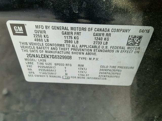 2GNALCEK7G6329908 - 2016 CHEVROLET EQUINOX LT BLACK photo 10