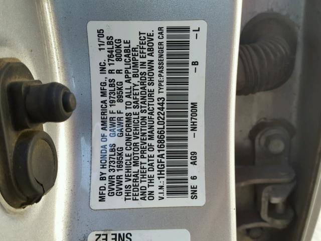 1HGFA16866L022443 - 2006 HONDA CIVIC EX SILVER photo 10