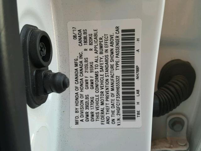 2HGFC1F35HH655322 - 2017 HONDA CIVIC EX თეთრი ფოტო 10