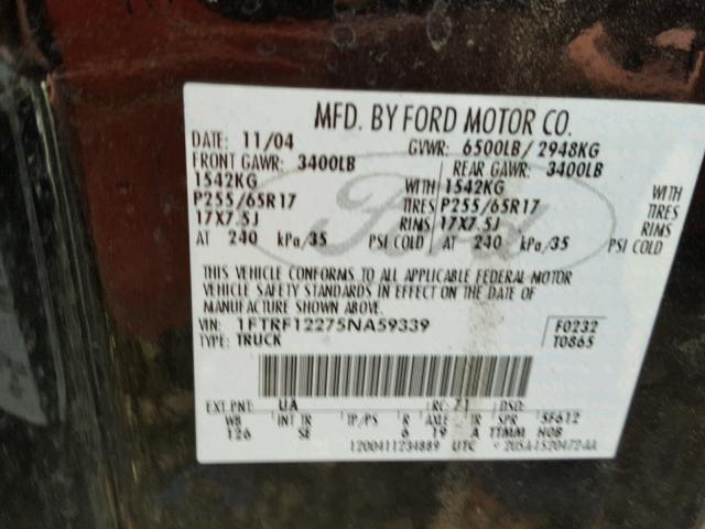 1FTRF12275NA59339 - 2005 FORD F150 BLACK photo 10