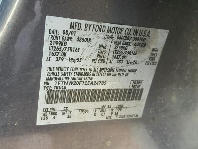 1FTNW20F12EA24785 - 2002 FORD F250 SUPER GRAY photo 10