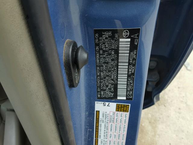 JTDKB20U477561191 - 2007 TOYOTA PRIUS BLUE photo 10