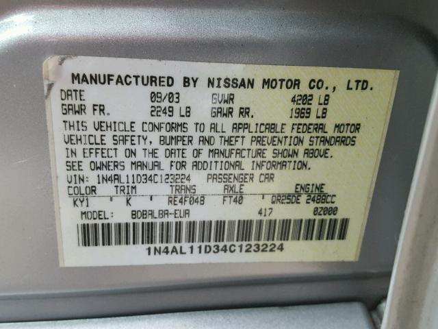 1N4AL11D34C123224 - 2004 NISSAN ALTIMA BAS SILVER photo 10