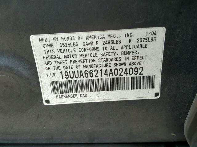 19UUA66214A024092 - 2004 ACURA TL GRAY photo 10