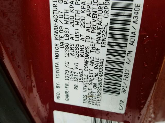 5TETX22N88Z493340 - 2008 TOYOTA TACOMA ACC BURGUNDY photo 10