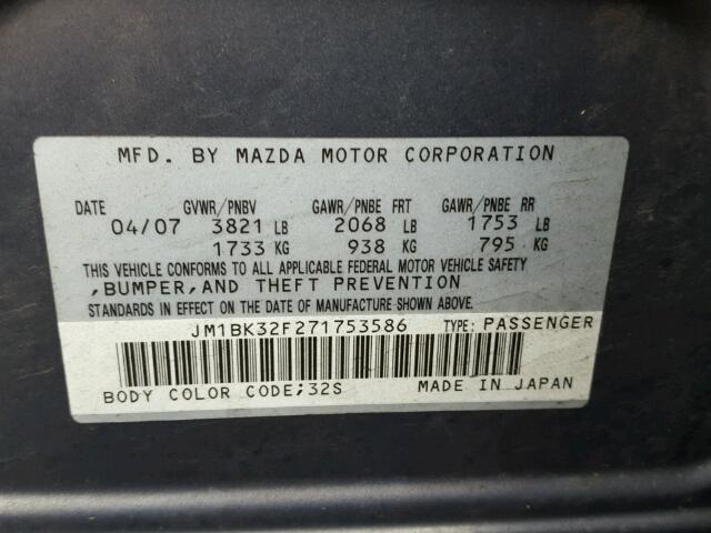 JM1BK32F271753586 - 2007 MAZDA 3 I GRAY photo 10