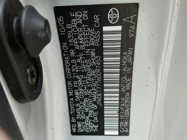 JTKDE177760097453 - 2006 TOYOTA SCION TC 白色 照片 10