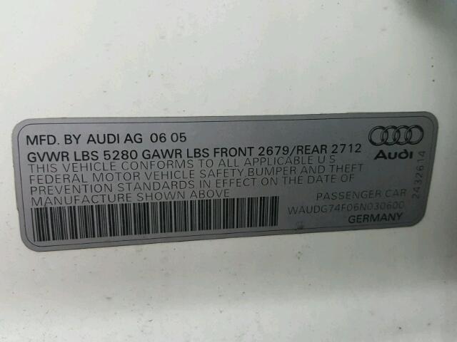 WAUDG74F06N030600 - 2006 AUDI A6 3.2 QUA WHITE photo 10