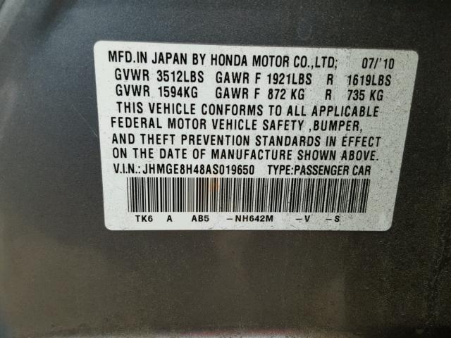 JHMGE8H48AS019650 - 2010 HONDA FIT SPORT SILVER photo 10