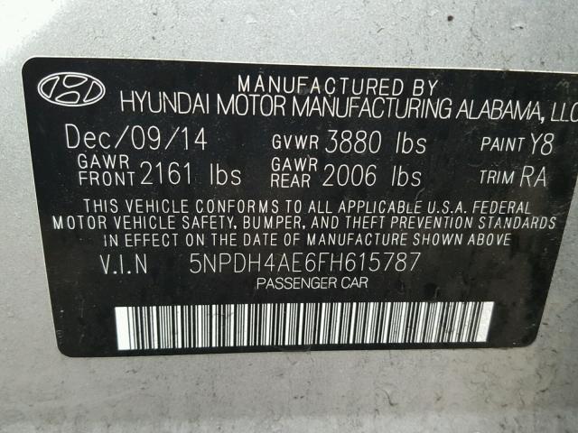 5NPDH4AE6FH615787 - 2015 HYUNDAI ELANTRA SE GRAY photo 10