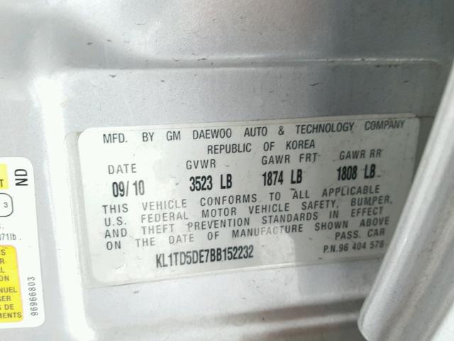 KL1TD5DE7BB152232 - 2011 CHEVROLET AVEO LS SILVER photo 10