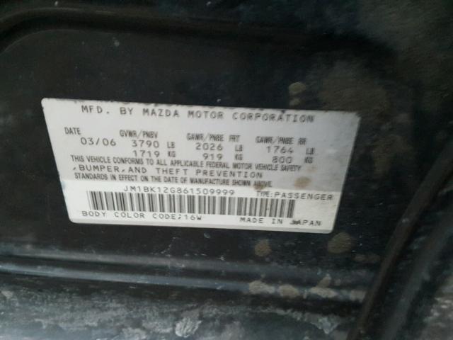 JM1BK12G861509999 - 2006 MAZDA 3 I BLACK photo 10