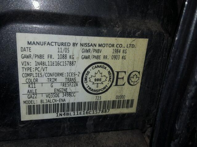 1N4BL11E16C157887 - 2006 NISSAN ALTIMA SE GRAY photo 10