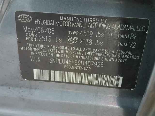 5NPEU46F69H457926 - 2009 HYUNDAI SONATA SE BLUE photo 10