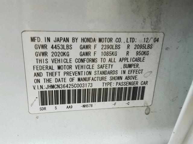 JHMCN36425C003173 - 2005 HONDA ACCORD HYB WHITE photo 10