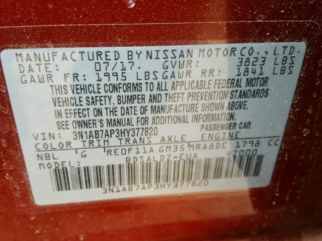 3N1AB7AP3HY377820 - 2017 NISSAN SENTRA S RED photo 10