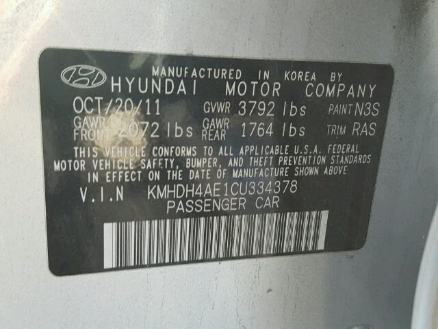 KMHDH4AE1CU334378 - 2012 HYUNDAI ELANTRA GL SILVER photo 10