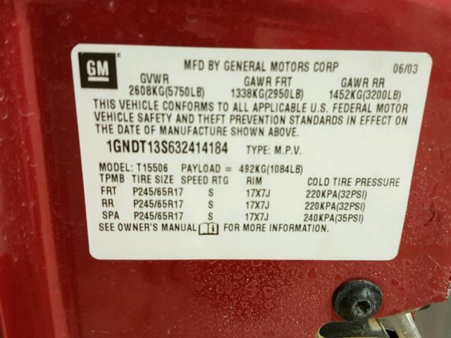 1GNDT13S632414184 - 2003 CHEVROLET TRAILBLAZE RED photo 10