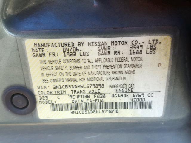 3N1CB51D26L579898 - 2006 NISSAN SENTRA 1.8 GREEN photo 10