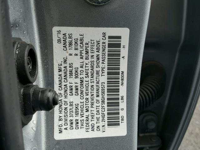 2HGFC2F58GH569573 - 2016 HONDA CIVIC LX GRAY photo 10