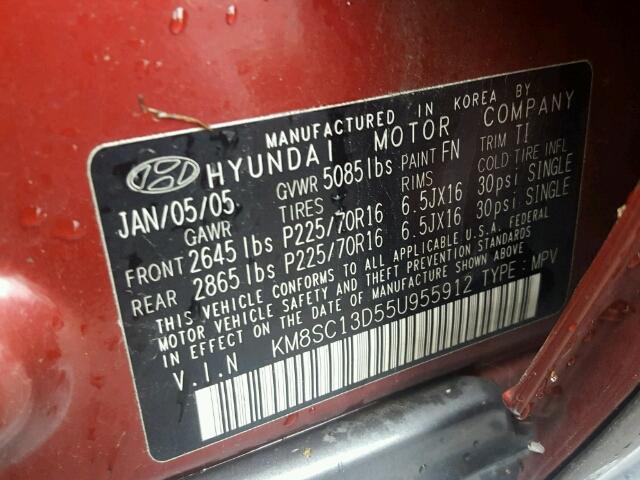 KM8SC13D55U955912 - 2005 HYUNDAI SANTA FE G RED photo 10