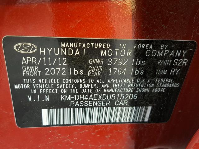 KMHDH4AEXDU515206 - 2013 HYUNDAI ELANTRA GL RED photo 10