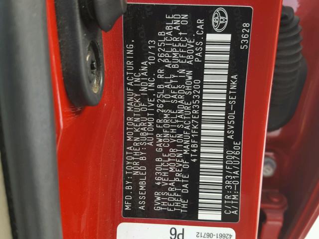 4T4BF1FK7ER353200 - 2014 TOYOTA CAMRY L RED photo 10