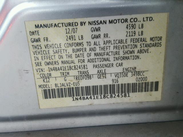 1N4BA41E18C824581 - 2008 NISSAN MAXIMA SE GRAY photo 10