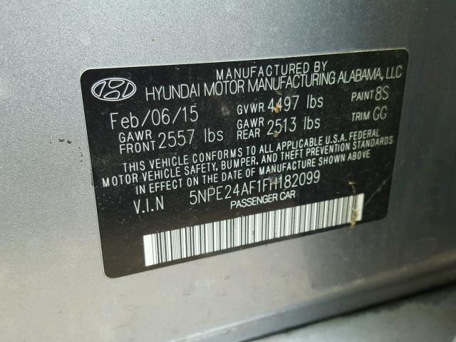 5NPE24AF1FH182099 - 2015 HYUNDAI SONATA SE GRAY photo 10