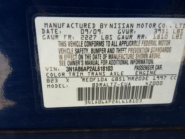 3N1AB6AP2AL618103 - 2010 NISSAN SENTRA 2.0 BLUE photo 10