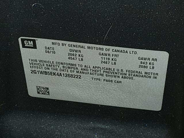 2G1WB5EK4A1268222 - 2010 CHEVROLET IMPALA LT GRAY photo 10