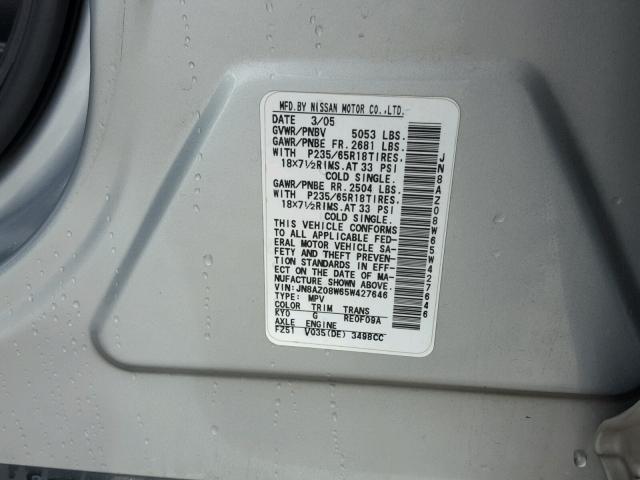 JN8AZ08W65W427646 - 2005 NISSAN MURANO SL SILVER photo 10